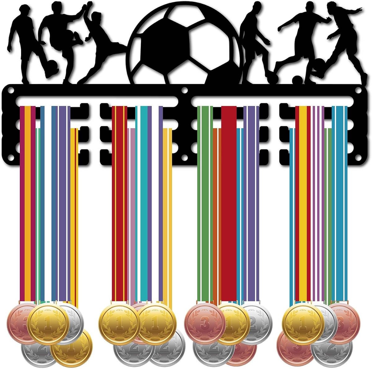 Zwarte metalen voetbal medaillehouder en displaystandaard voor sportawards en badges