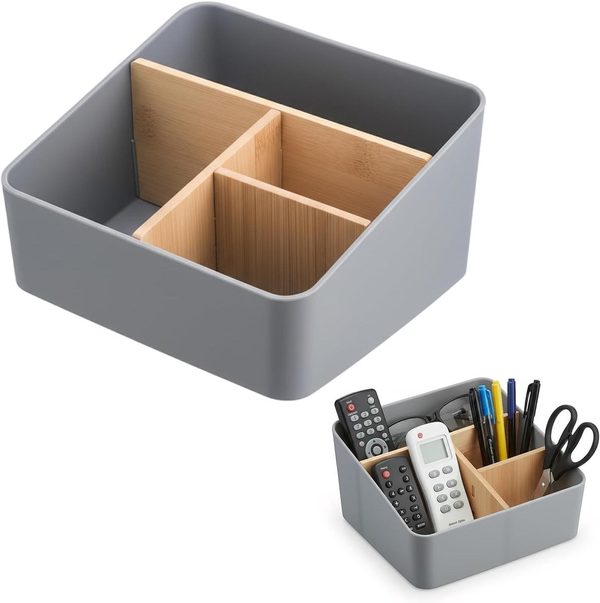 Multifunctionele Bamboe Desk Organiser met 4 Compartimenten voor Cosmetica en Kleine Voorwerpen - Grijs