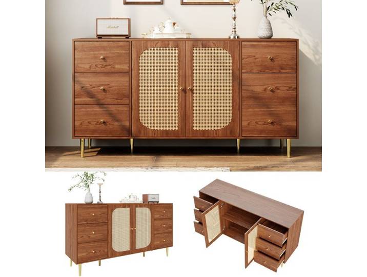 Meuble de rangement avec portes en rotin buffet avec tiroirs et étagères 160x40x90 cm pour salon cuisine et chambre