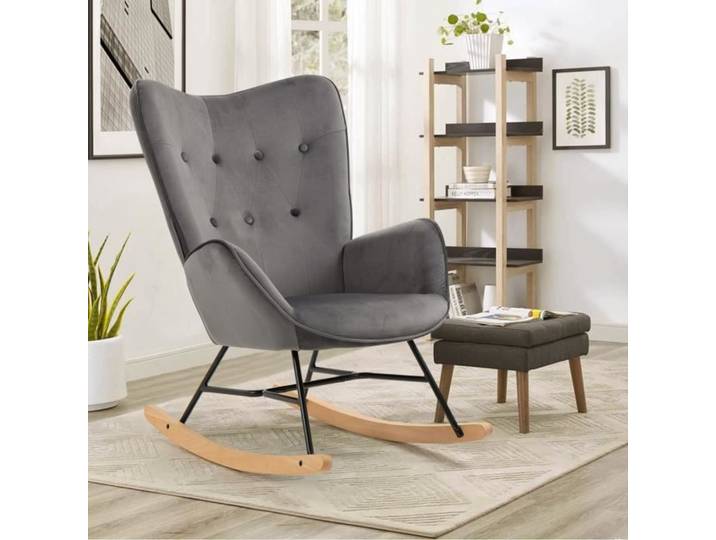 MEUBLES COSY Fauteuil à bascule allaitement scandinave avec accoudoirs en velours gris capitonné - EPPING