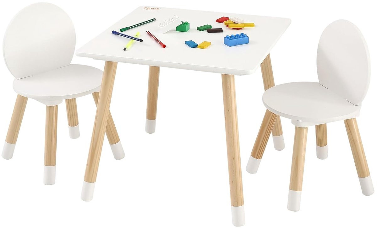 Kindermeubel set met tafel en stoelen in wit hout, Breedte: 50 cm