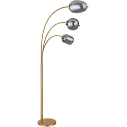 Stehlampe Stehleuchte Bogenlampe Wohnzimmerleuchte Schlafzimmerlampe, Metall Glas messing rauch, 3 Flammig E14, Fußschalter, L 80 cm