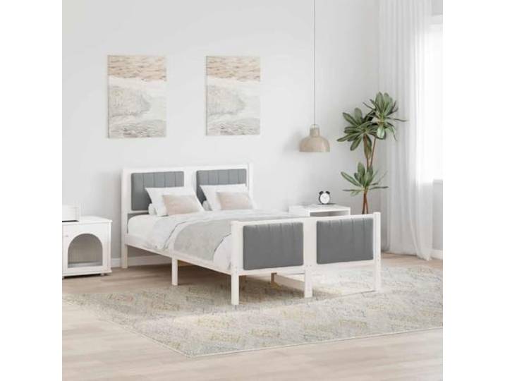 Bettgestell Plattform mit Kopfteil 120x190 cm weiß hellgrau Kiefer massiv, Kopf- und Fußteil gepolstert, ohne Lattenrost, inklusive Latten, modernes Design