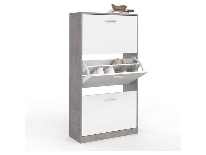 IDMarket Meuble à Chaussures KLARK 18 Paires 3 Portes Blanc Effet Béton 60x24x113 cm