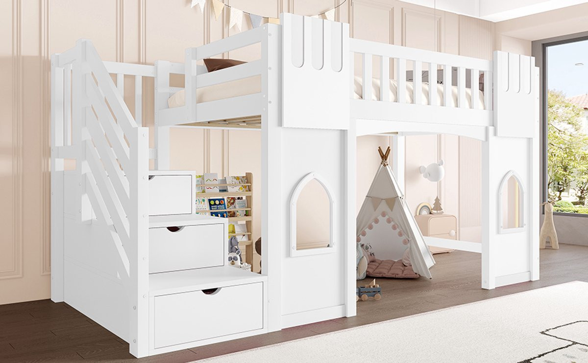 Speels Wit Kinderhoogbed van Massief Hout met Ladder en Ramen, B/D/H: 90 x 200 cm