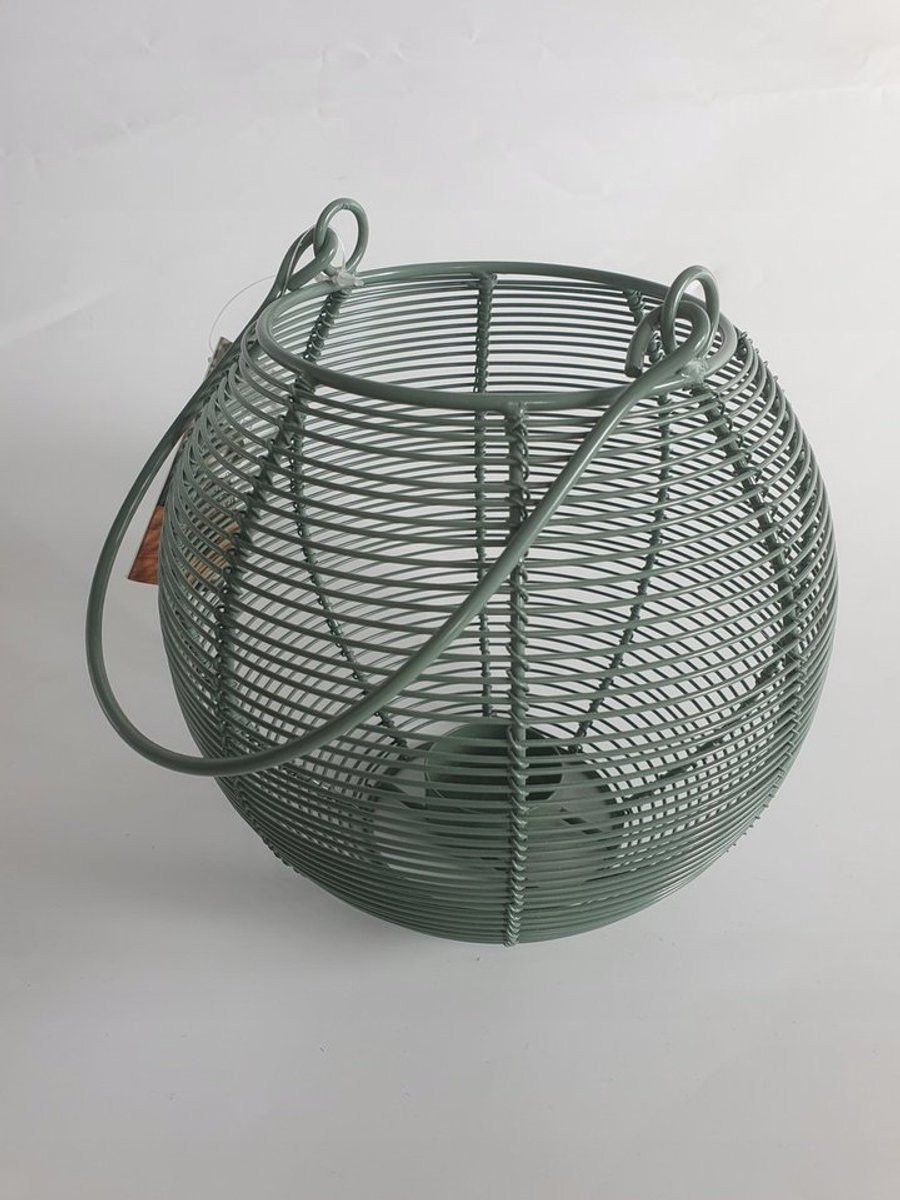 Metalen Windlicht Groen Ø18,2 cm – Draadlantaarn met Glazen Kaarshouder – Tafeldecoratie