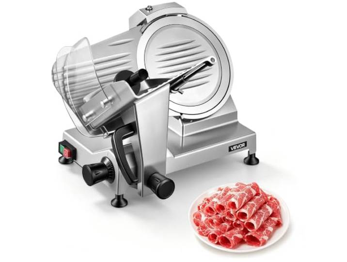 VEVOR Trancheuse Électrique 240 W\, Trancheuse à Jambon avec Épaisseur de Coupe Réglable 0-12 mm\, pour Saucisson Pain Fromage Viande Charcuterie\, Lame en Acier au Carbone 250 mm et Affûteur Intégré