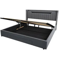 MODFU LED-Polsterbett Samt Dunkelgrau 180 x 200 cm mit hydraulischem Stauraum