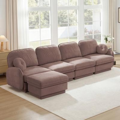 Loedds 137-inch 4-Seat L-Shaped Modular Sofa with 1 Movable Ottoman, Round Pillows and Quilted Cushions