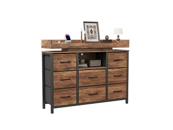 Shopentra Kommode im Vintage-Holzdesign mit 8 Stoffschubladen & LED-Beleuchtung, Mehrfarbig, 30x82x108 cm, Kleinmöbel, Kommoden, Kommoden