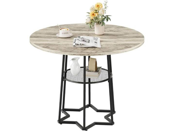 TABLE BASSE - PROMIRACAL - Ø98 cm - Rond - Aspect bois gris - Base hexagonale métal avec étagère