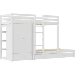 MODFU Etagenbett aus Holz Weiß 90x200 cm, Gewerblich geeignet, mit Ausziehbett, Kleiderschrank und Schubladen