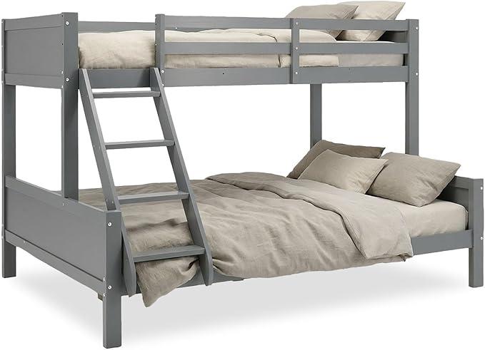 Etagenbett 2 Kinder 140x200 und 90x200 Stockbett, Hochbett Kinderbett Doppelstockbett mit Lattenrost Jugendbett Kiefer Holz Grau