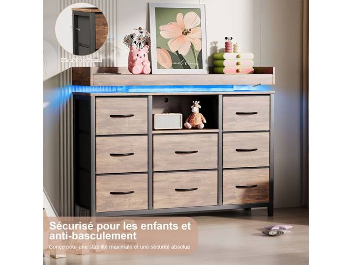 Buffet de salon Buffet bas 8 tiroirs 1 étagère LED intégré Meuble TV 108x30x82 cm Commode Meuble de rangement Cadre métal Brun