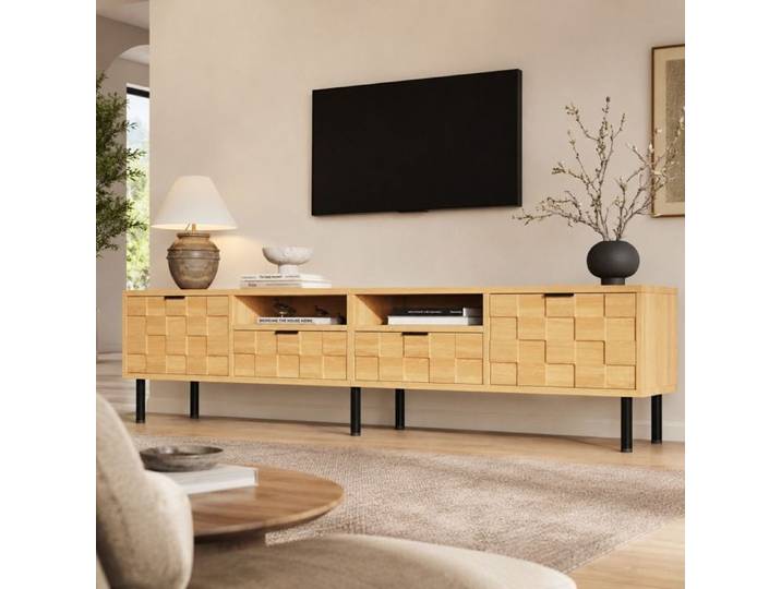 Meuble TV Support télévision 200 cm pour Téléviseur Jusqu'à 80' avec 2 Portes 2 Tiroirs Avec espace de rangement Naturel