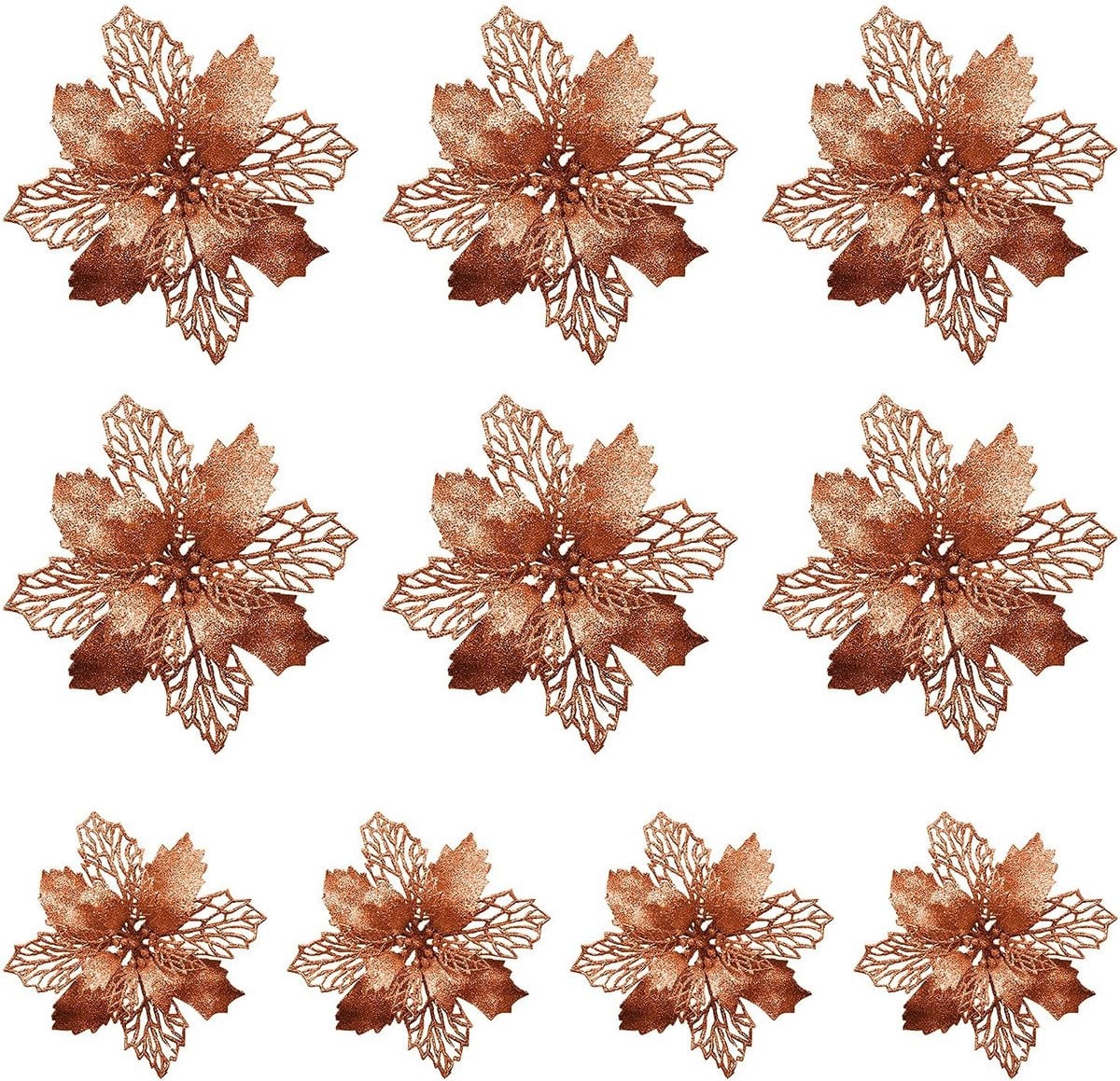 SPHProducts Glitter Poinsettia Kunstbloemen - 10 stuks - Bronzen Poeder - Kerstdecoratie