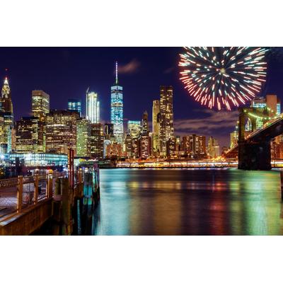 Fototapete PAPERMOON "MANHATTAN-NEW YORK BROOKLYN BRIDGE FEUERWERK SKYLINE", bunt, B:4,5m L:2,8m, Vlies, Tapeten