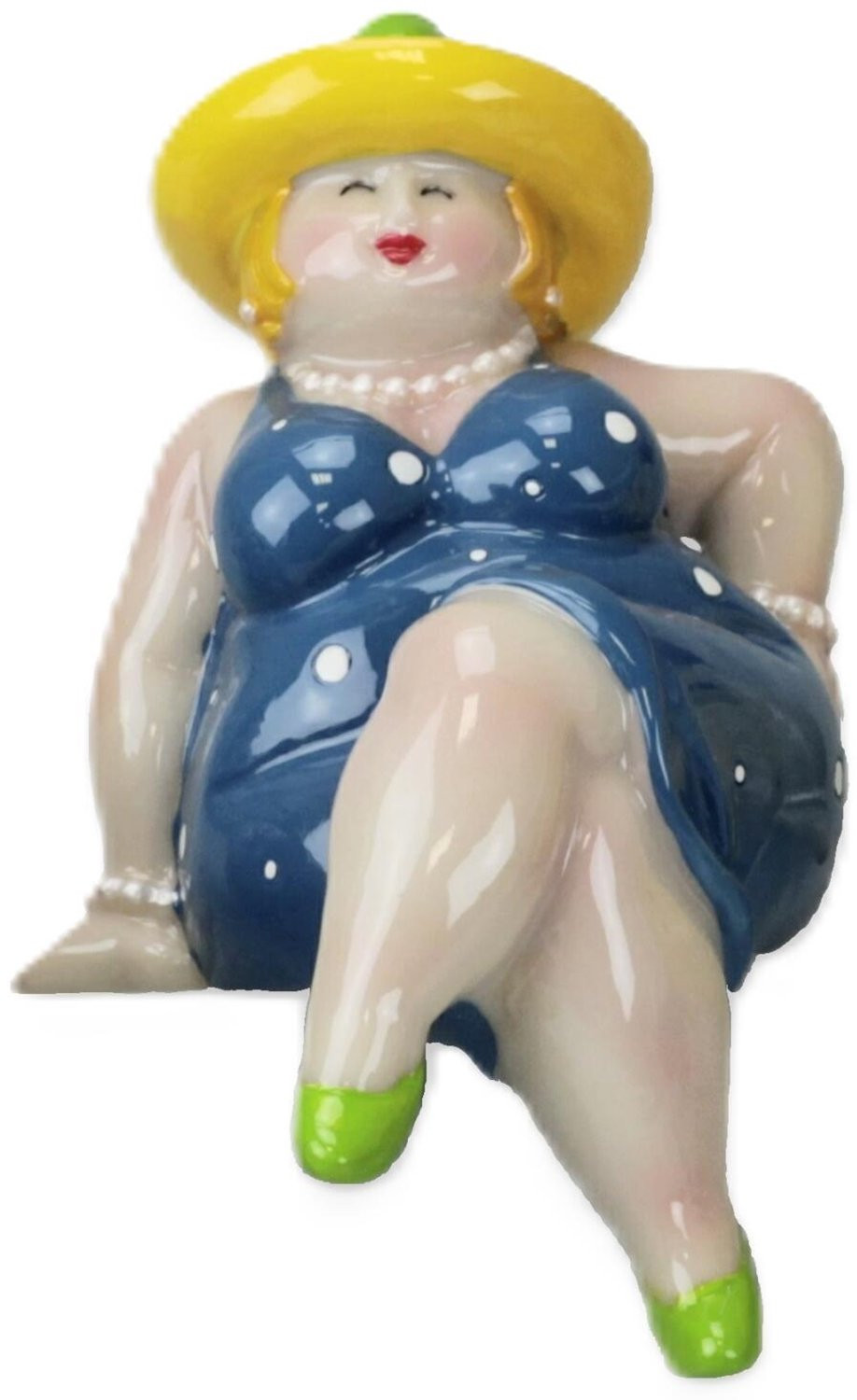 Inware Woonkamer decoratie beeldje - Zittende mollige dame in blauwe jurk - 15 cm