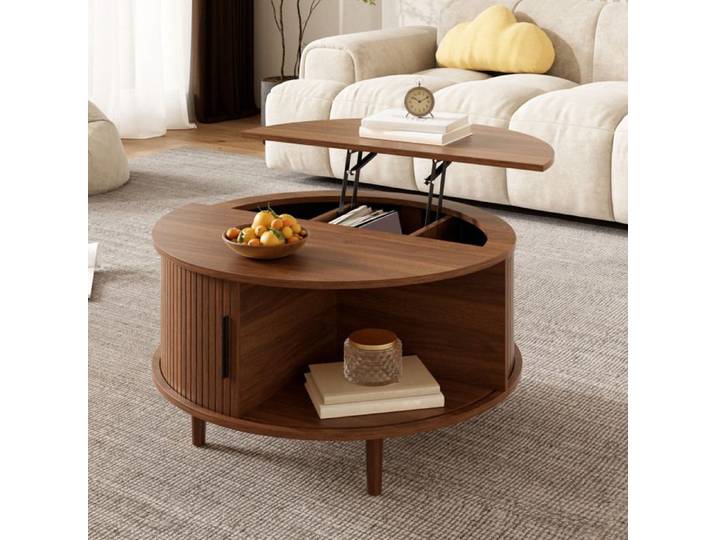 Table basse ronde relevable 80x80x59 cm décor noyer avec rangement compartimenté et porte coulissante