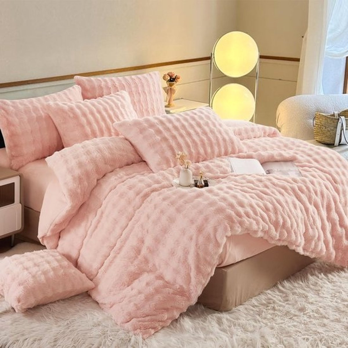 4-delig warm roze pluche beddengoedset met superzachte fluwelen look, 135x200 cm en 80x80 cm