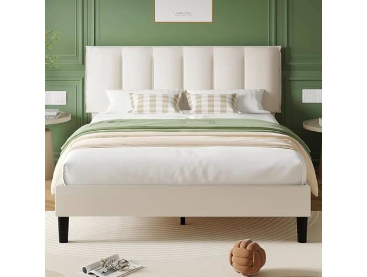 VECELO Polsterbett 140x200 cm Doppelbett, Bettgestell mit Höhenverstellbarem Kopfteil, Samtbezug & Lattenrost, Einfache Montage, Ideal für Schlafzimmer und Gästezimmer, Beige