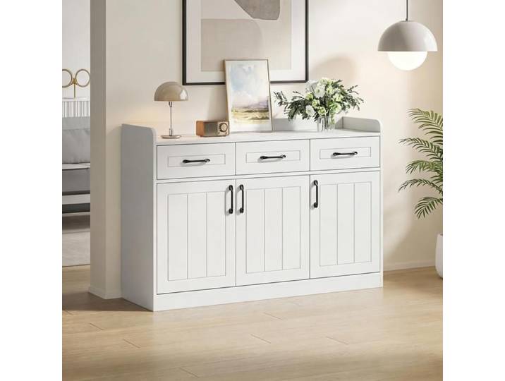 Buffet bas - ZEVKOR - Buffet bas 3 portes et 3 tiroirs - 120×35×80 cm - Blanc - 2 étagères réglables