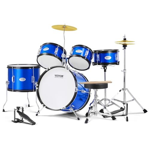 VEVOR Vijfdelige drumset voor kinderen, complete drumset voor beginners met basdrum, toms, snare, verstelbare troon, charleston-pedaal en drumsticks, blauw
