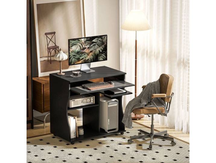 Bureau d'ordinateur à roulettes bureau avec tablette pour clavier et rangement table PC noir 80 x 48 x 75 cm
