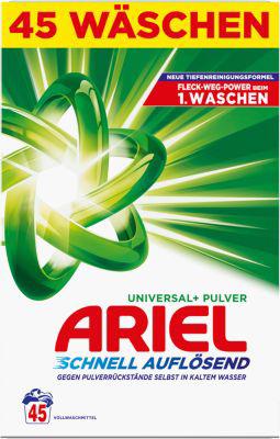 Ariel Universal+ Vollwaschmittel, Pulverwaschmittel, strahlende Reinheit, frischer Duft, 45 Waschladungen