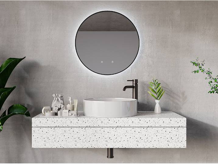 Badezimmerspiegel rund mit Beleuchtung - schwarze Kontur - beschlagfrei - D 60 cm - PEONIA