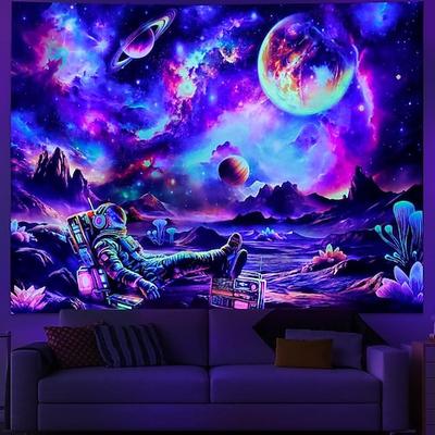 Schwarzlicht-Astronauten-Wandteppich, UV-reaktiver Galaxien-Weltraum-Wandteppich, im Dunkeln leuchtend, psychedelischer Universum-Planeten-Wandteppich, Neon-Sternenhimmel-Wandbehang-Dekoration für