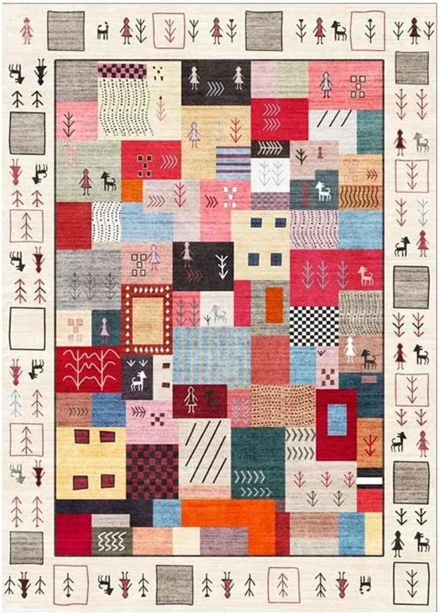Kleurrijk Vintage Vloerkleed - Bohemian Marokkaans Tapijt - Rechthoekig Polyester - Voor Woonkamer, Slaapkamer of Keuken