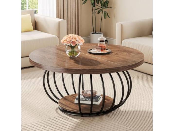 LITTLE TREE Runder Couchtisch aus Holz für das Wohnzimmer 100 cm großer, industrieller, zweistufiger runder Couchtisch mit Ablagefach und Metallgestell, rustikales Braun und Schwarz