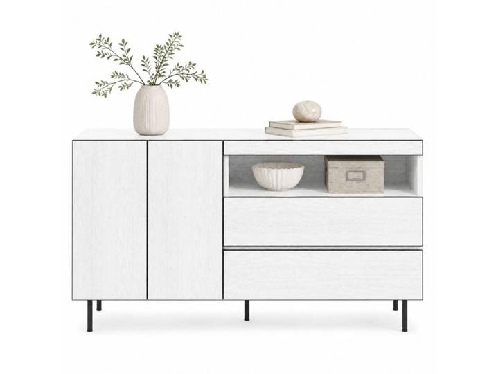 Buffet moderne blanc – Sideboard – portes sans poignée tiroirs intégrés étagères ouvertes – 140 cm