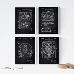 POSTER Set mit 4 Schwarz Drehscheibe Patenten A4 Schwarzer Rahmen