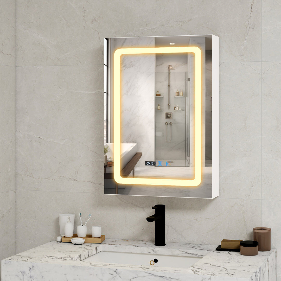 Metro LED Bathroom Mirror Cabinet with Charging, Bathroom Storage Cupboard with Adjustable Shelves White 45cm