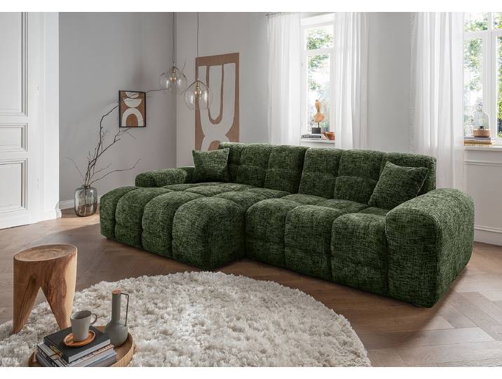 Ecksofa mit Longchair Grün Strukturstoff Ruta 301 x 87 x 152cm Longchair davorstehend links Modern