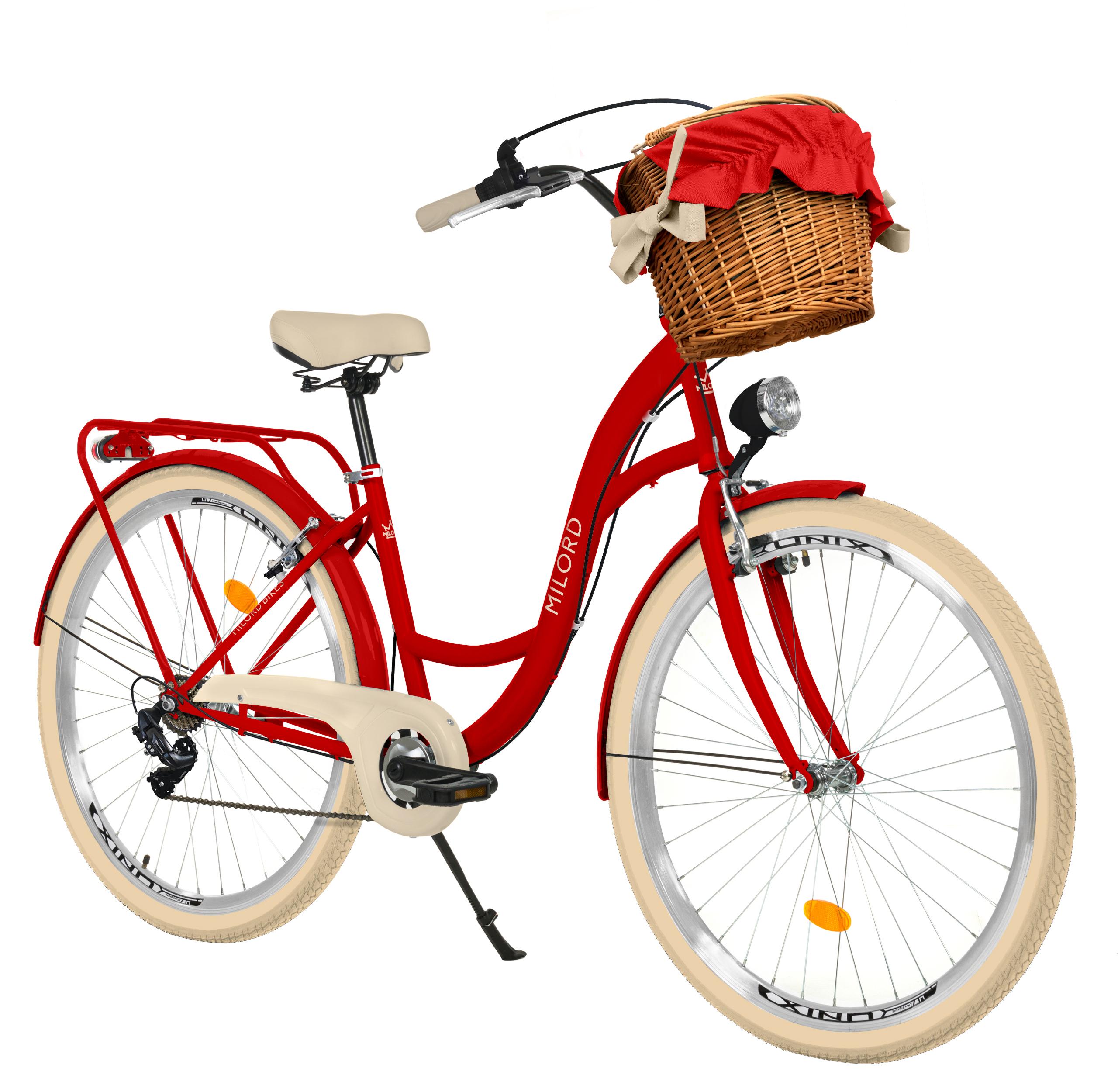Milord Komfort Fahrrad Mit Weidenkorb Damenfahrrad, 26 Zoll, Rot, 7 Gang Shimano