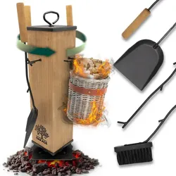 OAKAGE WillowWrap Kaminbesteck mit Zündholzkorb aus Buchenholz, 5 teilig