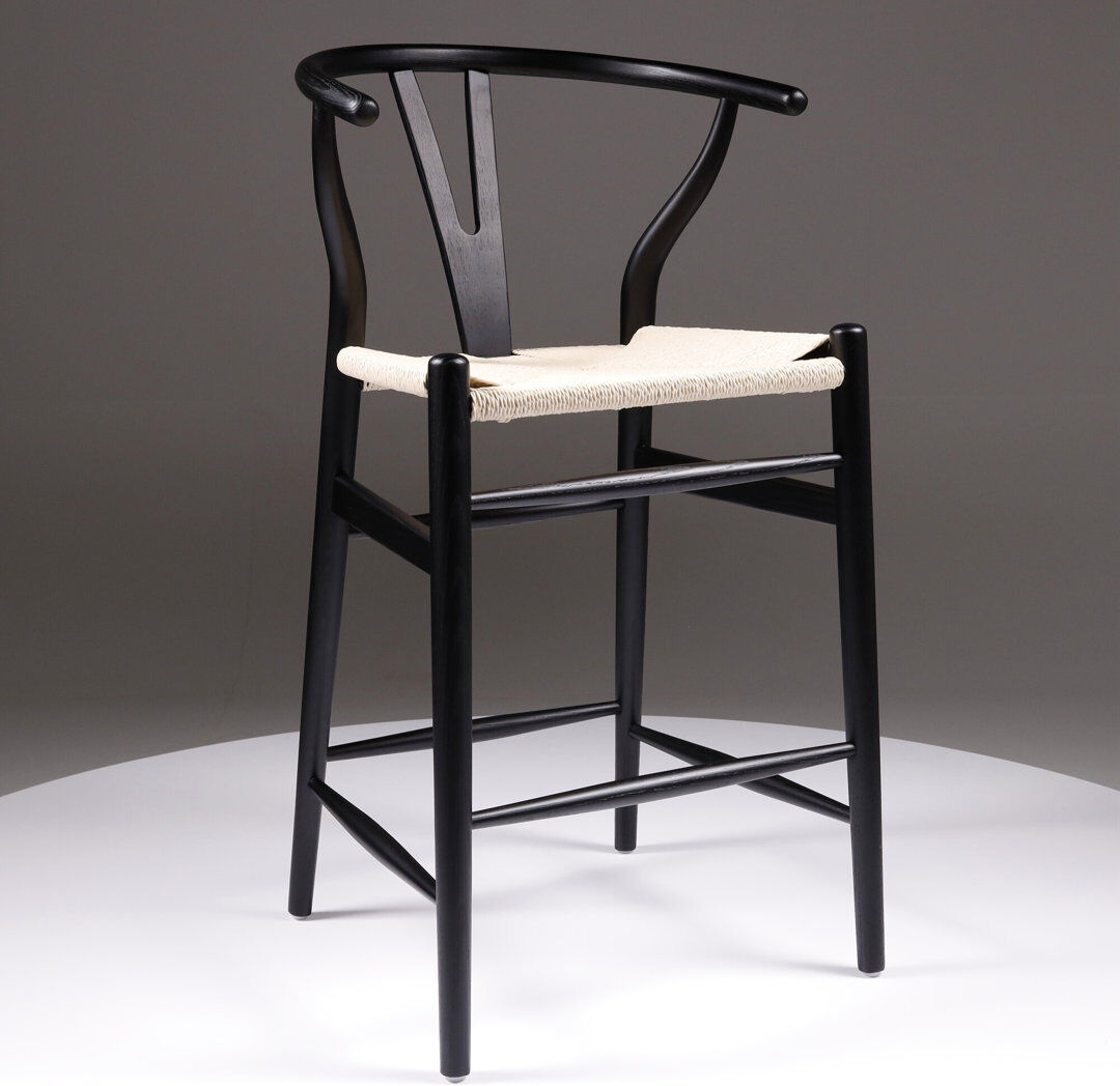 Mikado Living Leonidas Wicker Bar Stool with Solid Wood Frame Black 98cm H X 54cm W X 54cm D
