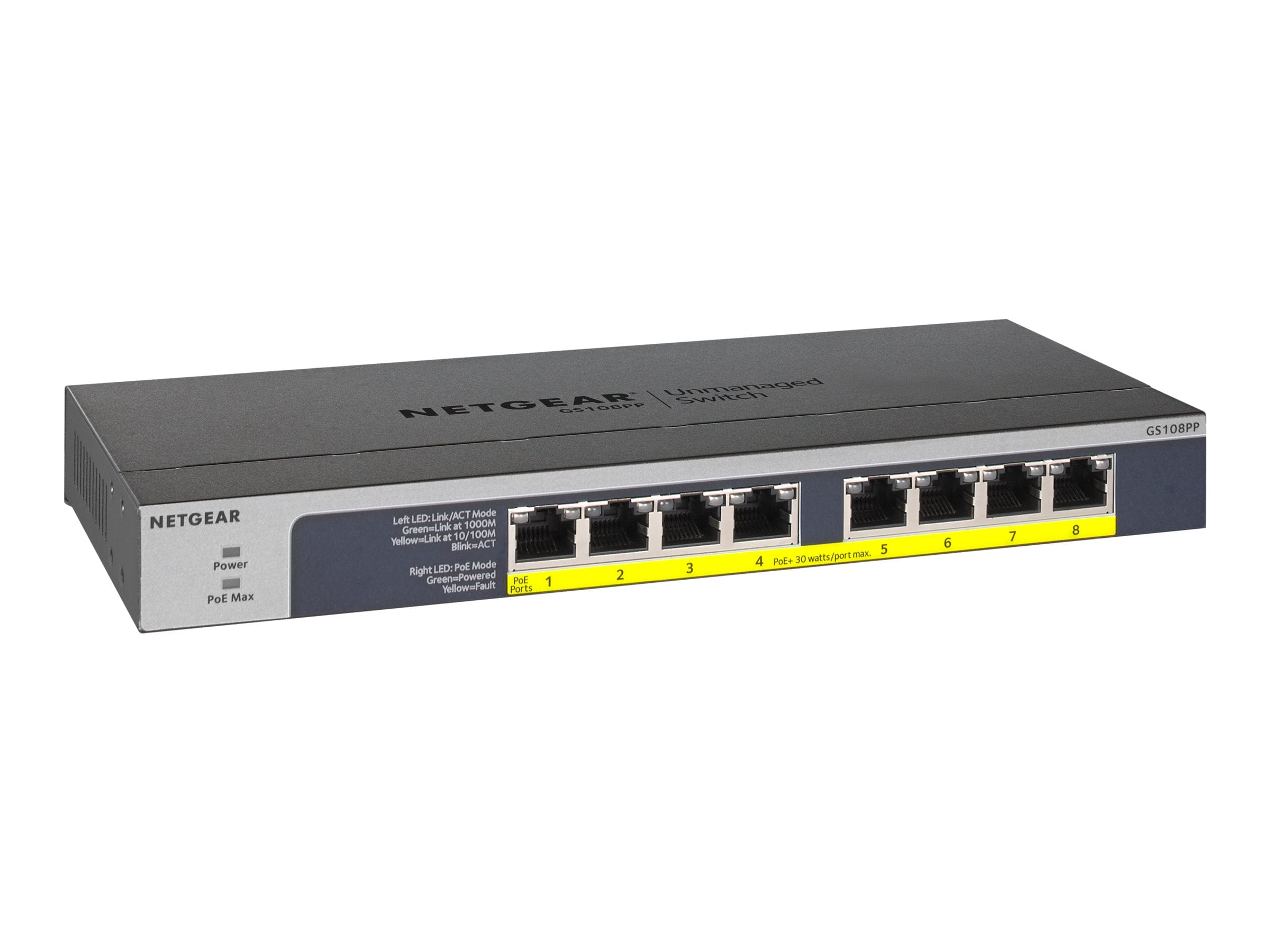 Netgear GS108LP 8-Port Gigabit Ethernet LAN PoE Switch Unmanaged (mit 8x PoE+ 60W erweiterbar, Desktop- oder Rack-Montage)