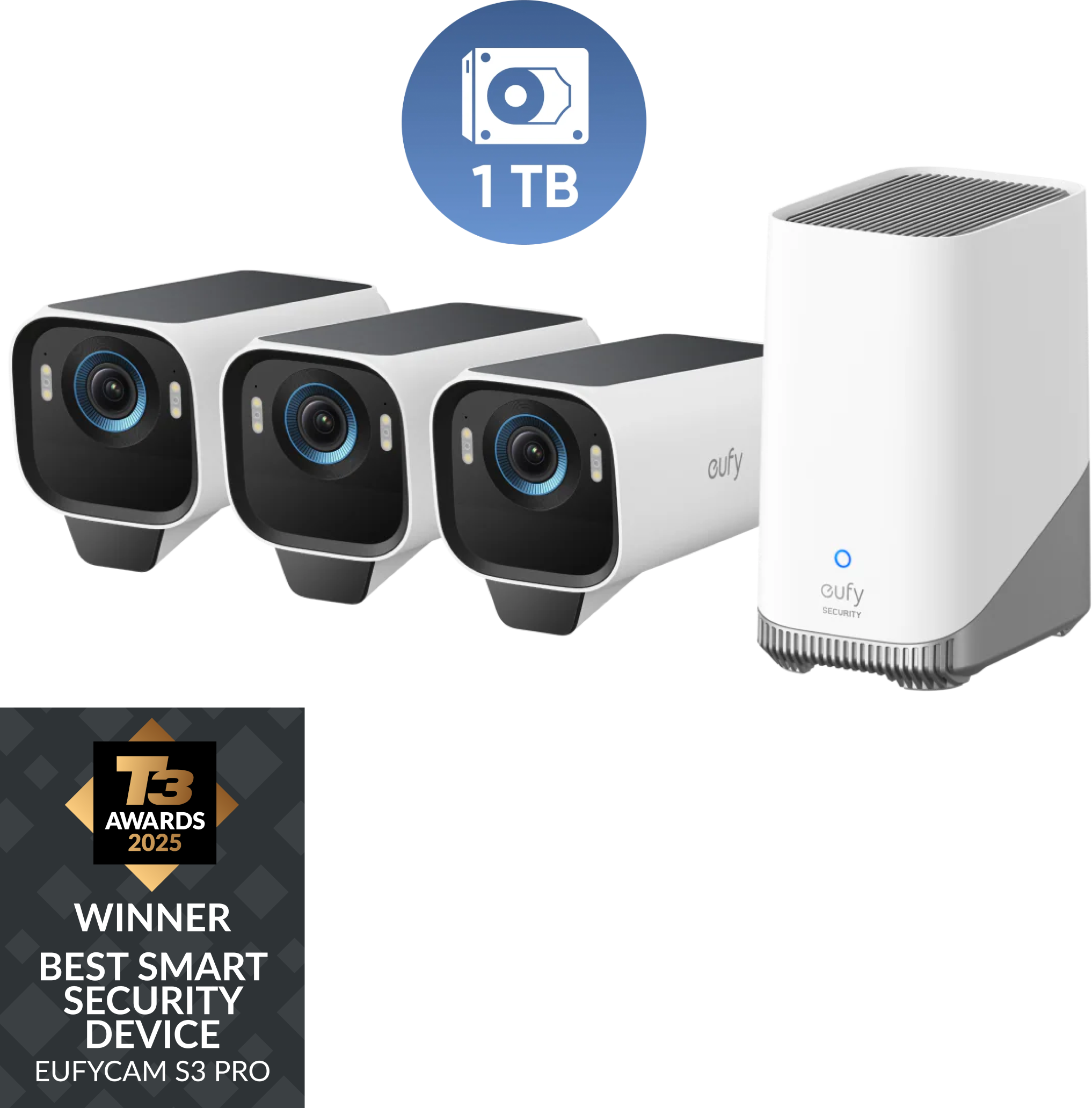 eufyCam S3 Pro 3-Cam Kit + 1 TB Hard Drive white