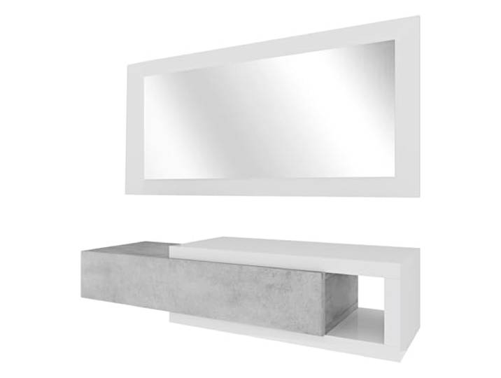 Eingangsmöbel mit Schublade und Spiegel, Farbe Beton und Weiß, Schrank 95 x 19 x 26 cm Spiegel 95 x 50 x 2 cm Schublade 71 x 10 x 25 cm