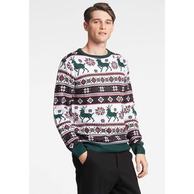 Strickpullover LINDBERGH "Strickpullover Relaxed Fit", Herren, Gr. S, bunt (weiß), Obermaterial: 100% Polyacryl, Jacquardmuster, Rundhals, Pullover Strickpullover