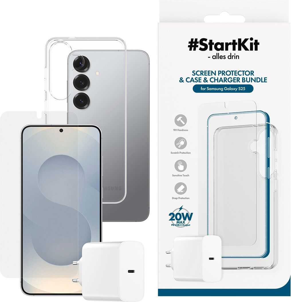 CARE BY PANZERGLASS USB-Ladegerät "StartKit - alles drin - Screen Protector, Case & Charger", weiss (weiß), B:10cm H:5cm T:22cm, Ladegeräte, 3-in-1 Bundle für Samsung Galaxy S25, USB-Ladegerät weiß Einheitsgröße