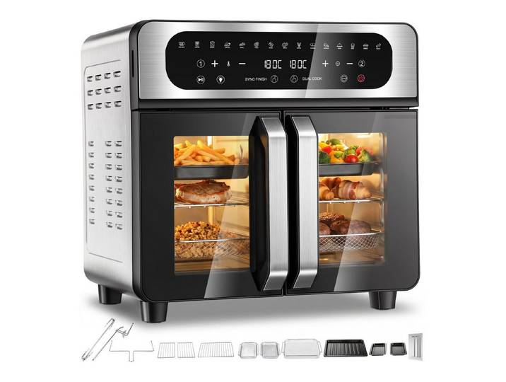 oyajia Heißluftfritteuse XXL Backofen mit Französischen Türen, Air Fryer Dual Zone mit Smart-Touch, Sync Finish, 15 Programme, Inkl. 13 Zubehörteile, Metallgehäuse, 2700,00 W