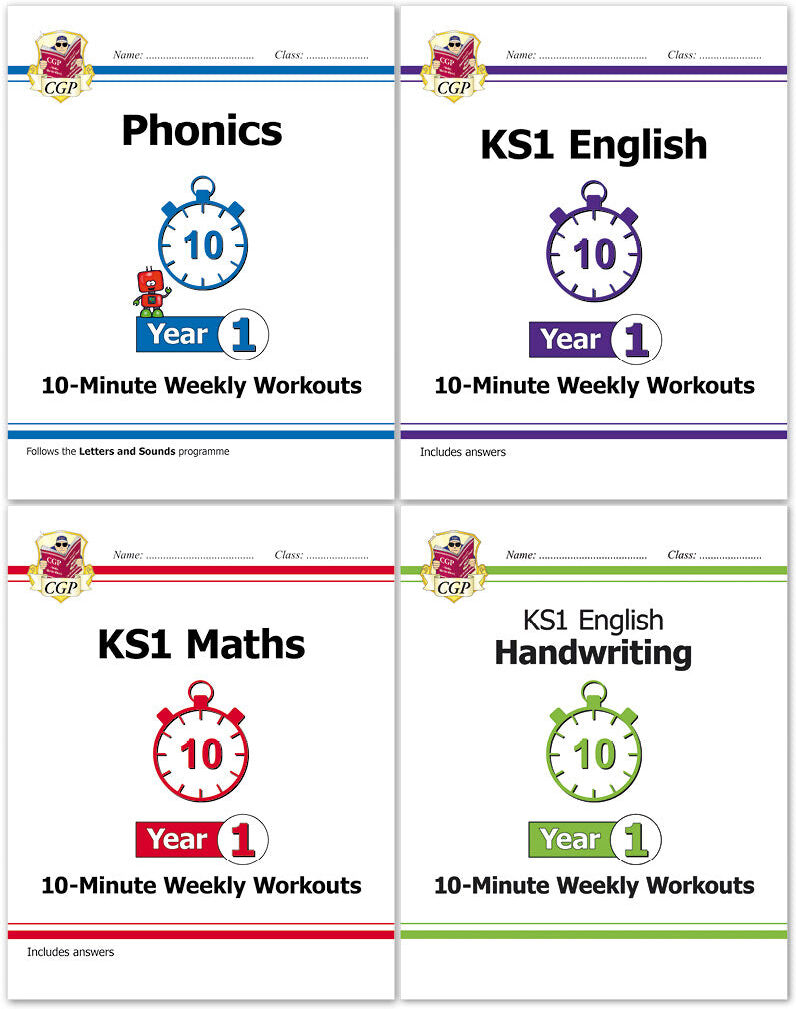 CGP Books CGP KS1 Year 1 10-Minute Weekly Workout Bundle – Ages 5-6 (Maths, English, Phonics, Handwriting)