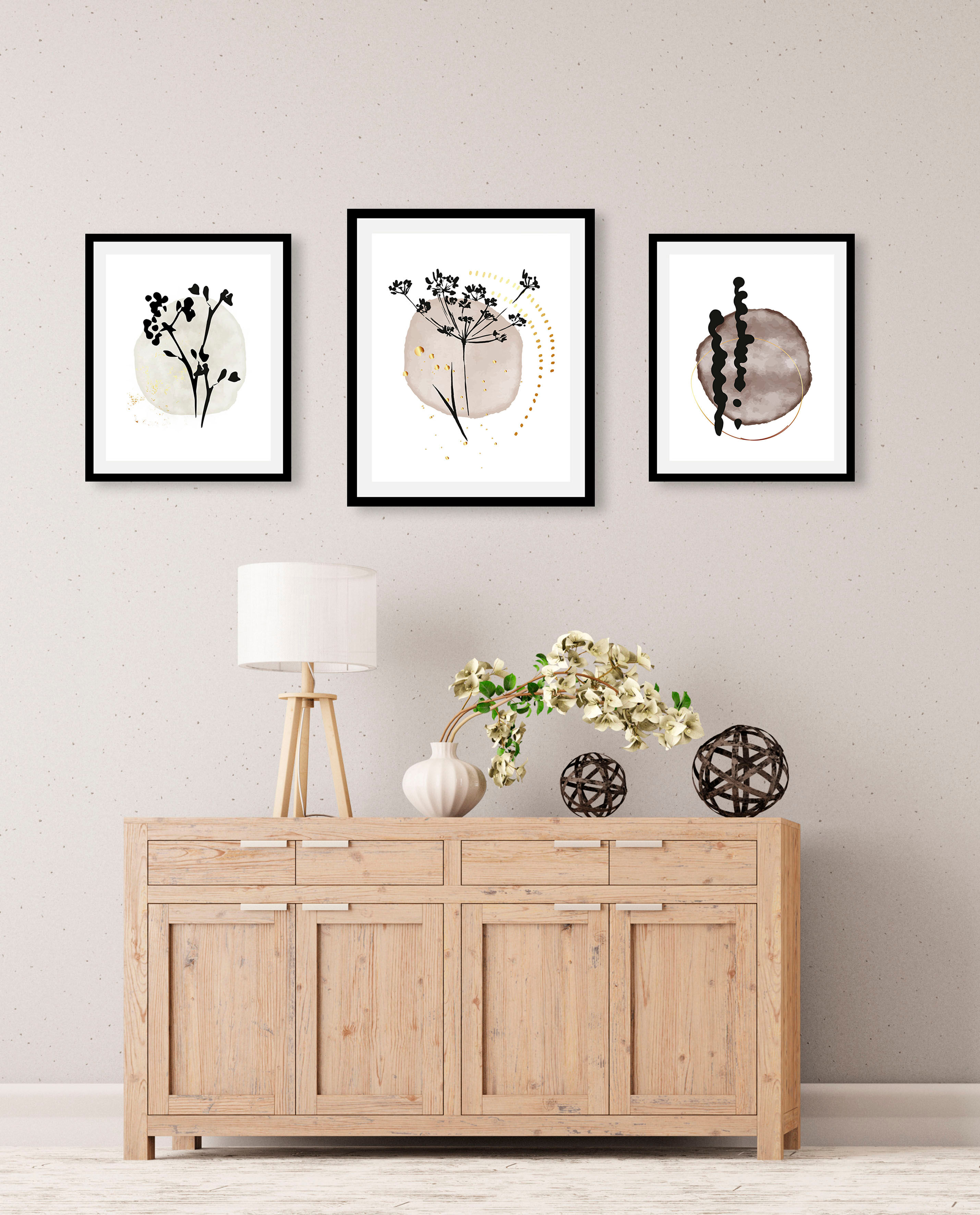 Bild QUEENCE "Set Hamara", beige (farbe rahmen: schwarz, farbe bild(er): beige), B:30cm H:40cm, Acrylglas, Holz, Papier, Bilder, Bild, gerahmt farbe rahmen: schwarz, farbe bild(er): beige B/H/T: 30cm x 40cm, Wandbild Abstrakt Blumen Figuren Pflanzen Pflan