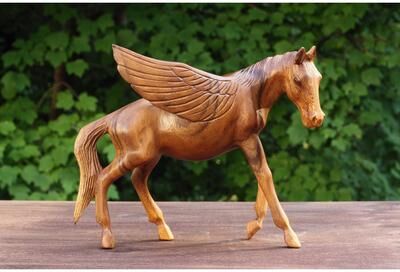 G6 Collection Wooden Hand Carved Horse Pegasus Art Figurine Statue Sculpture Handcrafted Handmade Decorative Home Decor Accent Decoration