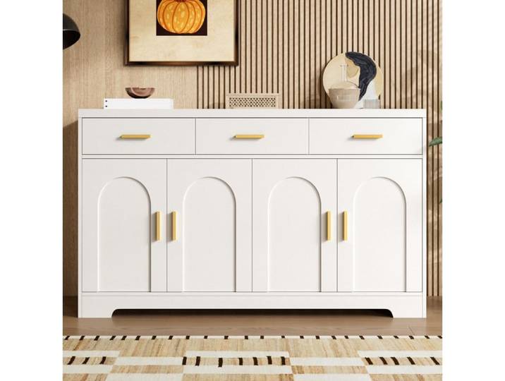 WOVREO Buffet bas blanc 140 x 40 x 83 cm 4 portes 3 tiroirs MDF poignees dorees